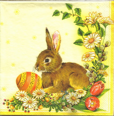 แนวภาพเทศกาล Easter Bunny กระต่ายกับไข่อีสเตอร์ มุมดอกไม้ เป็นภาพเข้ามุม กระดาษแนพกิ้นสำหรับทำงาน เดคูพาจ Decoupage Paper Napkins ขนาด 33X33cm