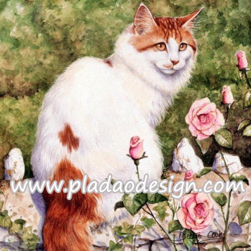 กระดาษสาพิมพ์ลาย สำหรับทำงาน เดคูพาจ Decoupage แนวภาพ แมวขาว หน้า-หางน้ำตาล ขนปุย นั่งอยู่ข้างๆ ดอกกุหลาบสีชมพุ