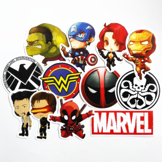 STSET001 (เซ็ต 12ชิ้น)สติกเกอร์ลายการ์ตูนMARVEL ติดรถยนต์, มอเตอร์ไซต์, จักรยาน, กระเป๋า, ติดผนัง ของใช้ต่างๆ สติกเกอร์PVCกันน้ำ ลายสวย เก๋ น่ารัก มีสไตล์ เท่ห์ ไม่ซ้ำใคร