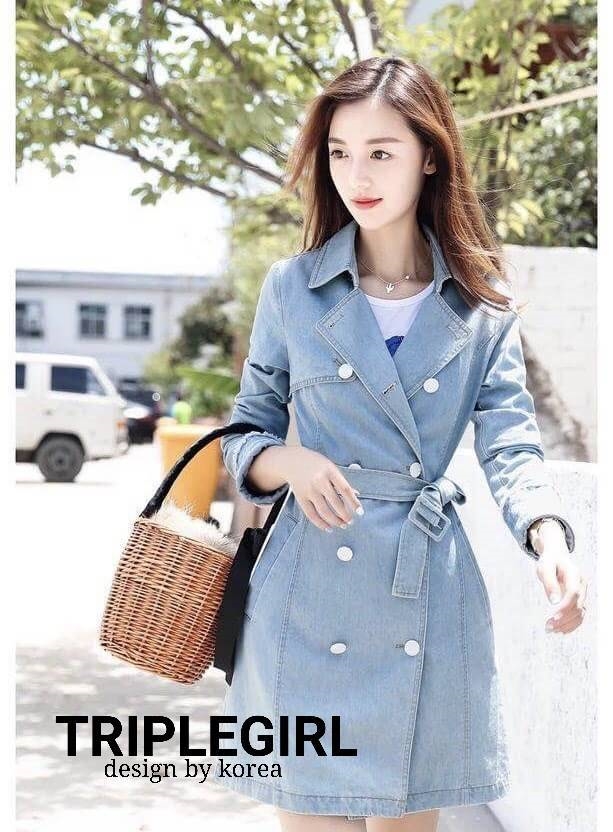 เสื้อเกาหลี พร้อมส่ง เสื้อคลุมยีนส์ตัวยาว