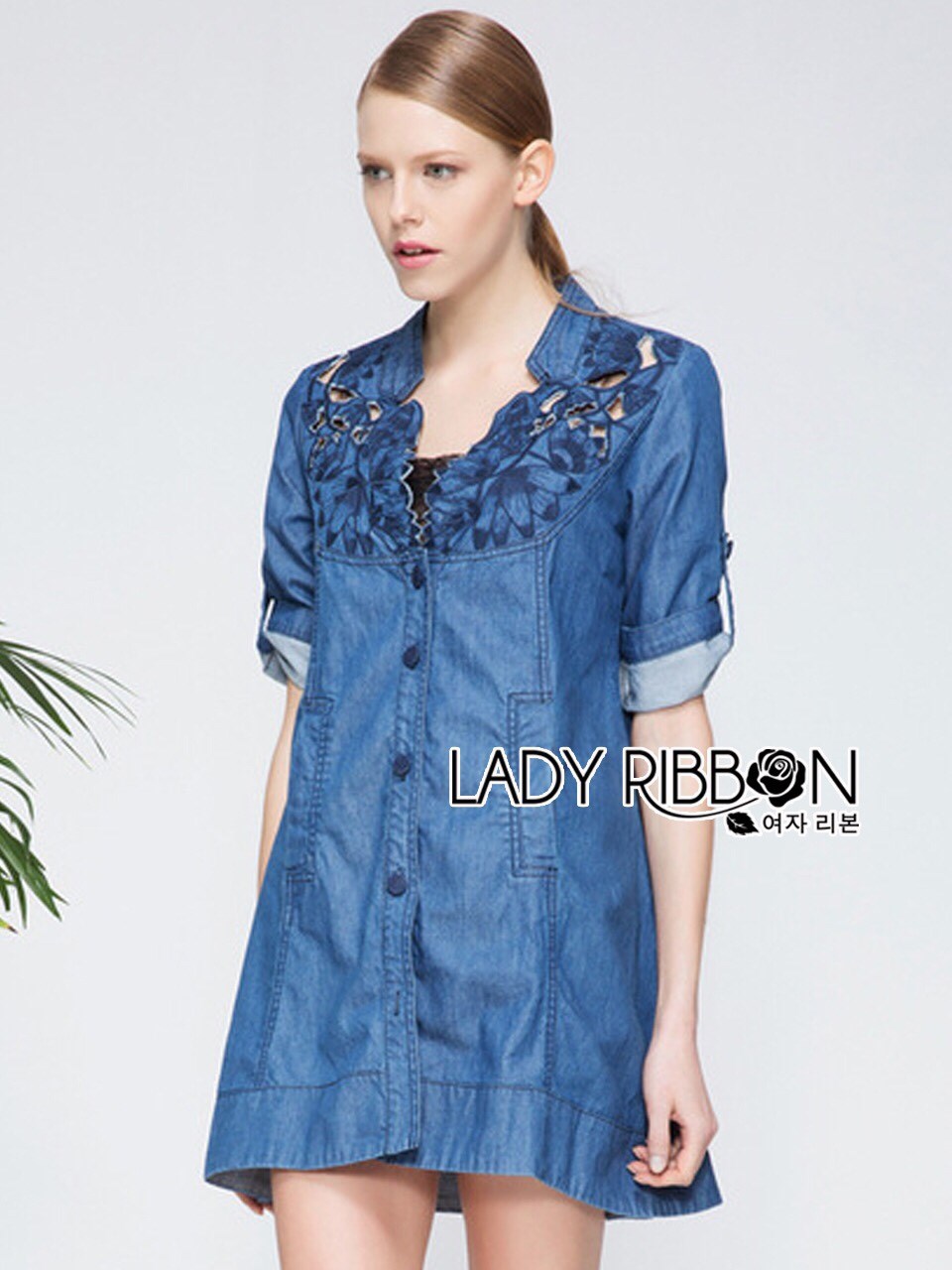 พร้อมส่ง เชิ้ตเดรสผ้าเดนิมปักลายดอกไม้
