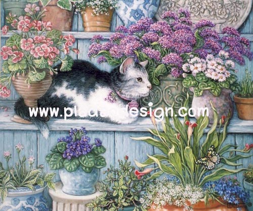 กระดาษสาพิมพ์ลาย สำหรับทำงาน เดคูพาจ Decoupage แนวภาพ แมวดำขาว นอนพักเหนื่อยใต้จต้นไม้ในกระถางสีม่วง