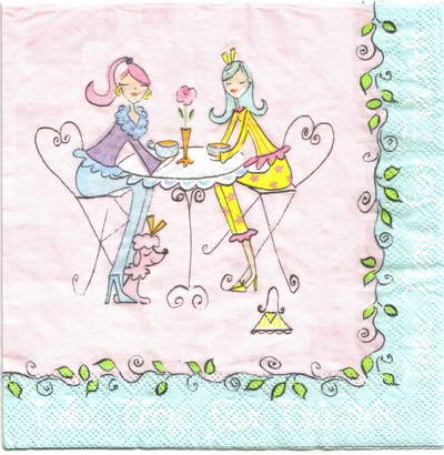 แนวภาพ การ์ตูน Girl Friends Coffee Time เป็นภาพแนวยาว กระดาษแนพกิ้นสำหรับทำงาน เดคูพาจ Decoupage Paper Napkins ขนาด 33X33cm