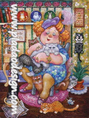 กระดาษสาพิมพ์ลาย สำหรับทำงาน เดคูพาจ Decoupage แนวภาพ การ์ตูนอย่างน่ารัก คนรักแมวตัวจริง แกรนด์มัมกอดน้องแมวที่เลี้ยงไว้หลับตาพริ้ม