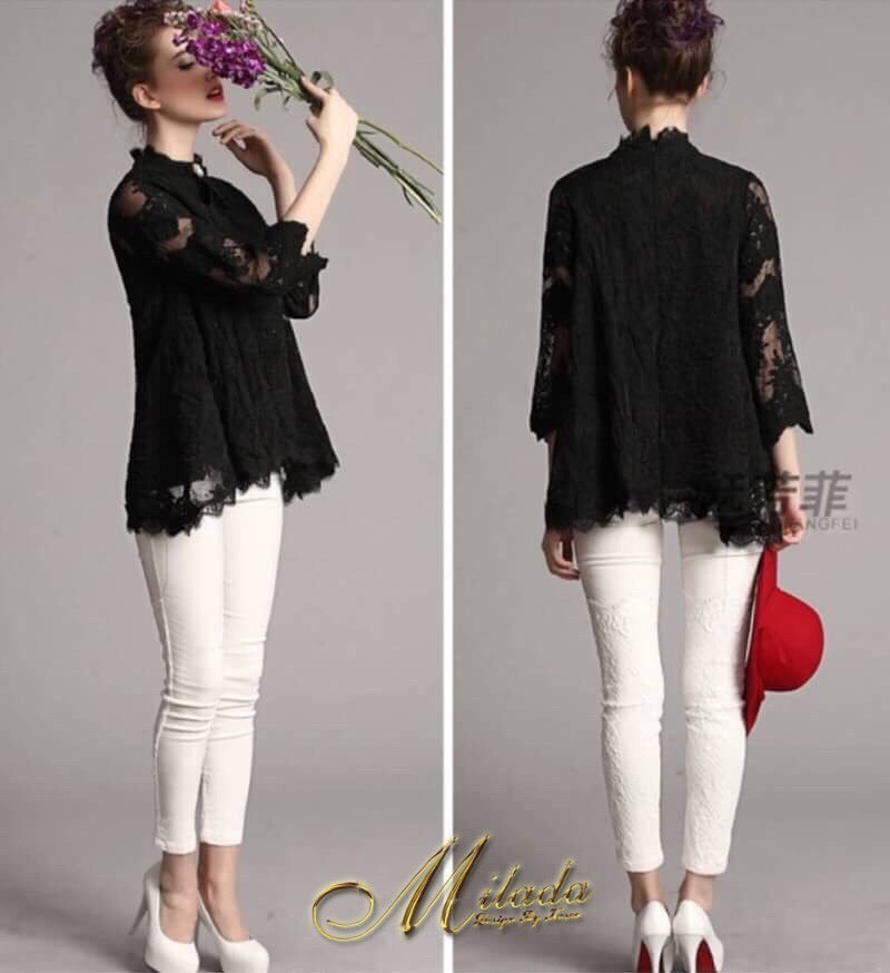 เสื้อลูกไม้ พร้อมส่ง เสื้อลูกไม้ ผ้าแก้ว ปักลายดอกไม้