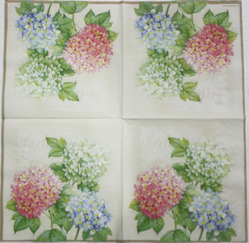 แนวภาพดอกไม้ ไฮเดรนเยีย ขาว ฟ้า ชมพู Hydrangea เป็นภาพบล็อค 4 กระดาษแนพกิ้นสำหรับทำงาน เดคูพาจ Decoupage Paper Napkins ขนาด 33X33cm