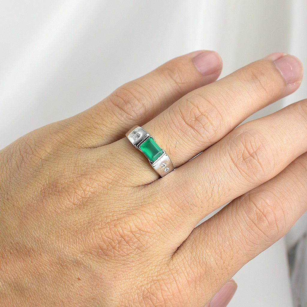 SKJewelryFactory แหวนพลอยเหลี่ยม แหวนเงินแท้ 92.5% ฝังพลอยกรีนอะเกทแท้ ER02351-GAG