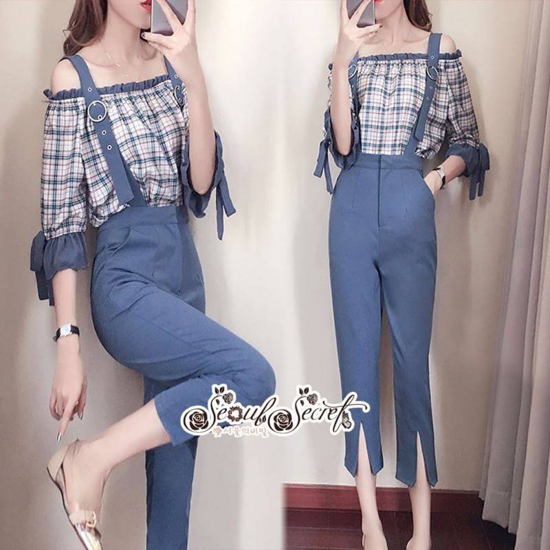 เสื้อผ้าเกาหลี พร้อมส่ง เสื้อลายสก๊อต กับกางเกงเนื้อผ้าเครป