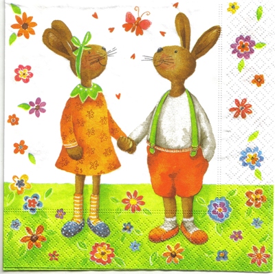 แนวภาพการ์ตูน กระต่ายจับมือกัน Bunny Lover เป็นภาพบล็อค 4 กระดาษแนพกิ้นสำหรับทำงาน เดคูพาจ Decoupage Paper Napkins ขนาด 33X33cm