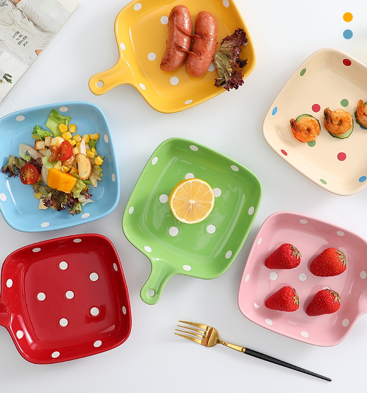 Pre-Order จานมีด้าม จานด้ามกระทะ จานเซรามิค ลายจุด Polka Dot น่ารักๆ มีให้เลือก 6 สี