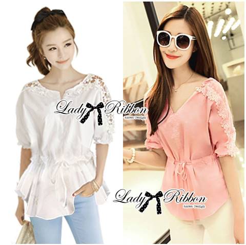 พร้อมส่ง เสื้อผ้าคอตตอนตกแต่งผ้าลูกไม้ผูกโบ