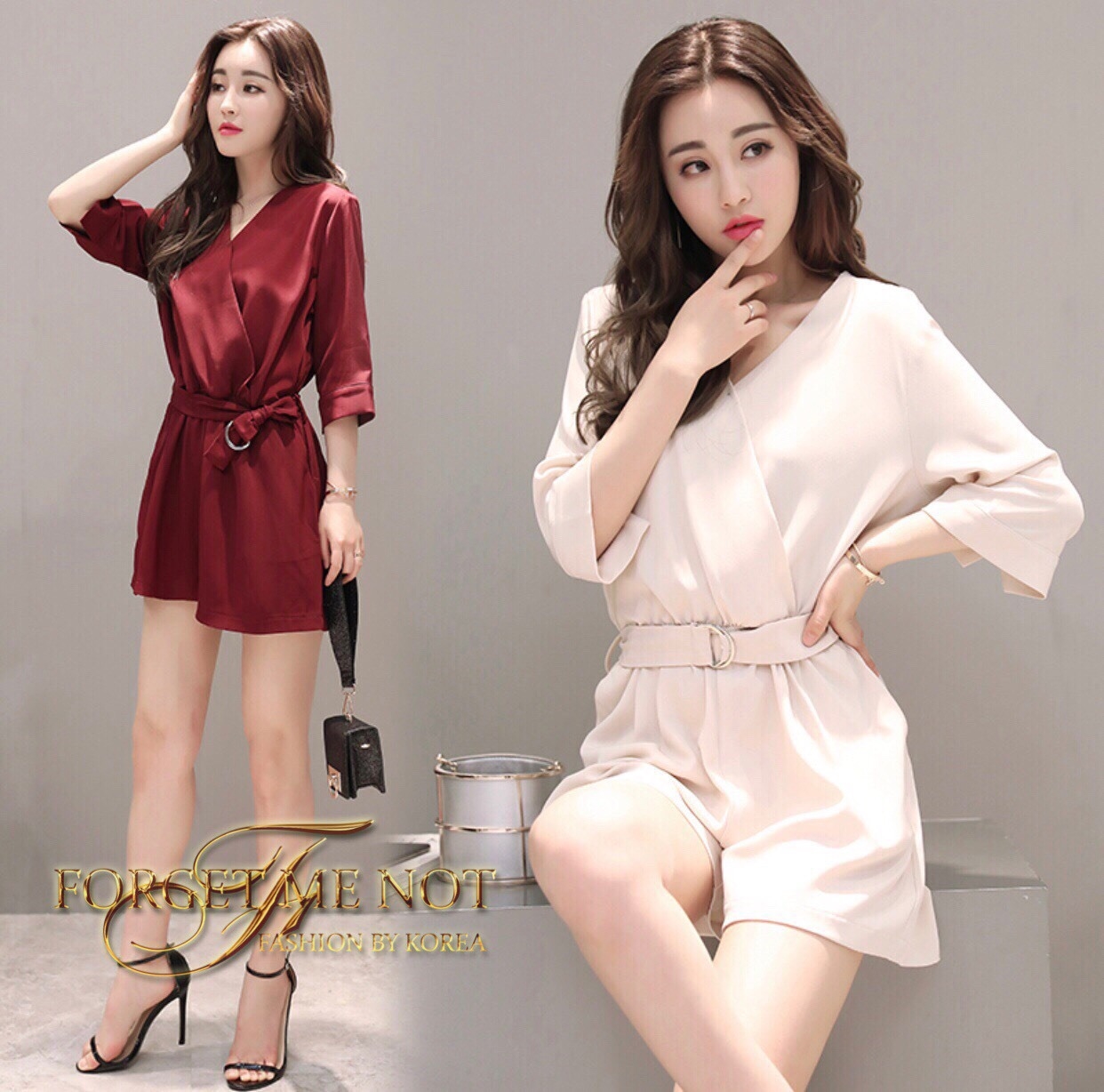 เสือผ้าเกาหลี พร้อมส่ง Jump Suit แขน 5ส่วน ขาสั้น