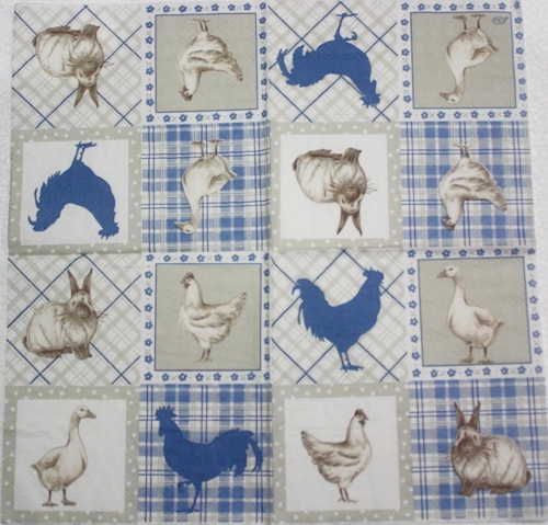แนวภาพภาพวินเทจ สัตว์ ไก่ เป็ด กระต่าย กรอบโทนฟ้าเทา เป็นภาพบล็อค 4 กระดาษแนพกิ้นสำหรับทำงาน เดคูพาจ Decoupage Paper Napkins ขนาด 33X33cm