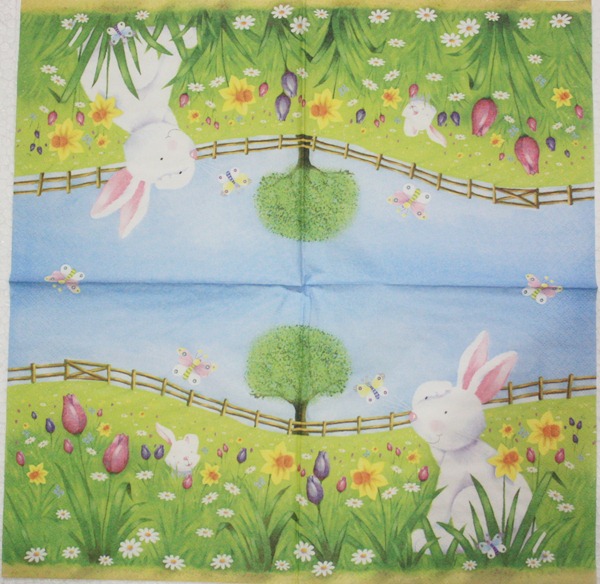 แนวภาพการ์ตูน กระต่ายชมดอกไม้ ผีเสื้อ สัตว์ Bunny เป็นภาพครึ่งแผ่น กระดาษแนพกิ้นสำหรับทำงาน เดคูพาจ Decoupage Paper Napkins ขนาด 33X33cm