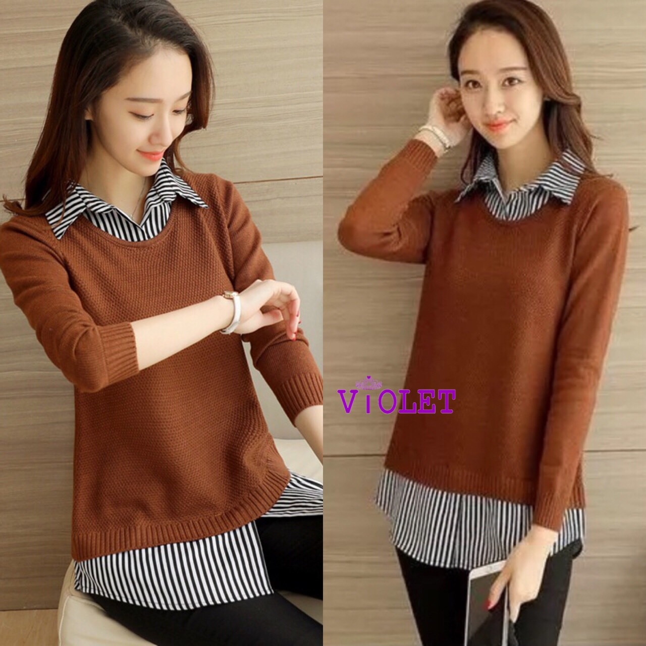 เสื้อเกาหลี พร้อมส่ง เสื้อปกเชิ้ตและต่อชายริ้ว