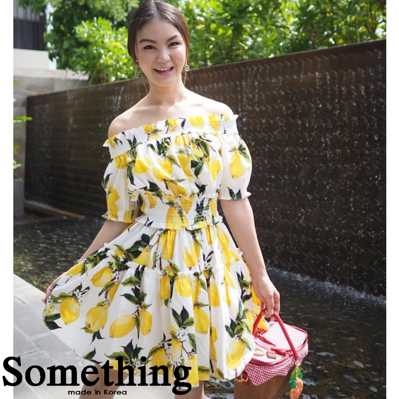 เดรสเกาหลี พร้อมส่ง เดรส แขนตุ๊กตา ลายมะนาว