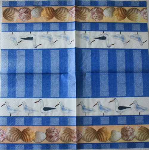 แนวภาพทะเล แถวนกนางนวล กับเปลือกหอย Seagull & Seashell เป็นภาพแนวยาว กระดาษแนพกิ้นสำหรับทำงาน เดคูพาจ Decoupage Paper Napkins ขนาด 33X33cm
