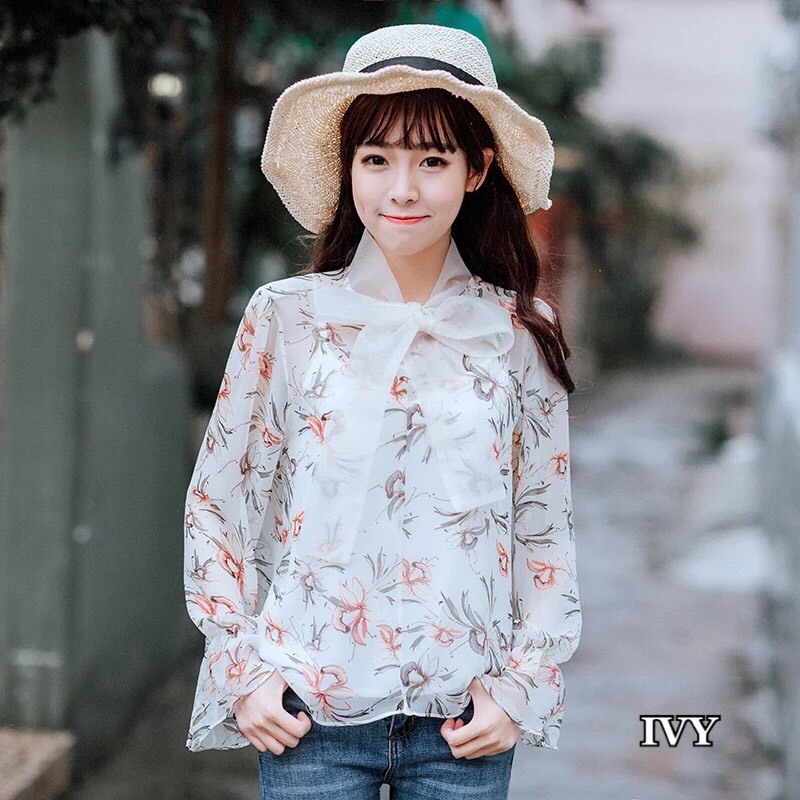 เสื้อเกาหลี พร้อมส่ง เสื้อ ผ้าซิลด์ชีฟองลายดอกไม้