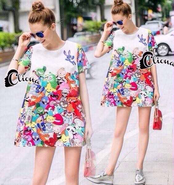 พร้อมส่ง Mini Dress ทรงตัวโคร่ง แขนสั้น เดรสเกาหลี
