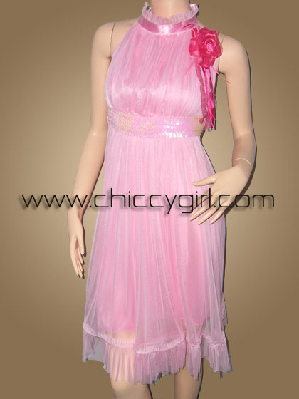 ชุดราตรีคอเต่าผูกโบว์ด้านหลัง แต่งเอว สีชมพู