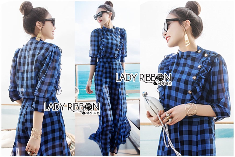 เสื้อผ้าเกาหลี พร้อมส่ง เซ็ตเสื้อและกางเกงลายตารางสีน้ำเงิน-ดำ