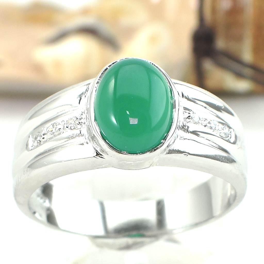 SKJewelryFactory แหวนกรีนอะเกทแท้ ตัวเรือนเงินแท้ ชุบทองคำขาว ER00432-GAC