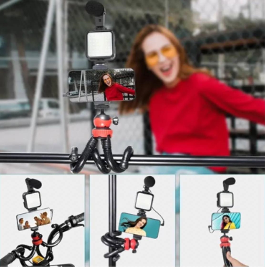 ขาตั้งมือถือมีไฟแฟลช ไมโครโฟน รีโมทบลูทูธ Plokama Video Making Flexible Tripod Kit PK-776