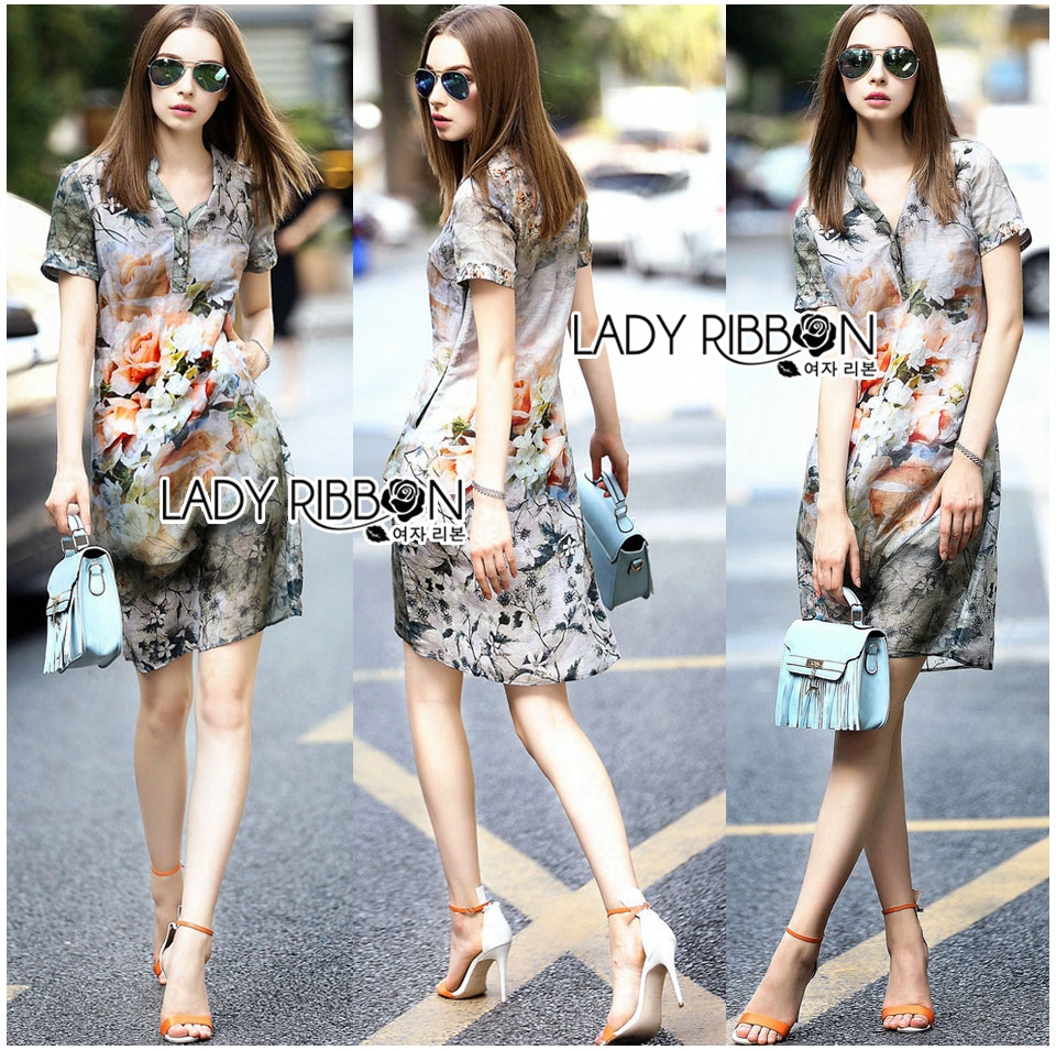 พร้อมส่ง เชิ้ตเดรสพิมพ์ลายดอกไม้สไตล์เฟมินีนวินเทจ