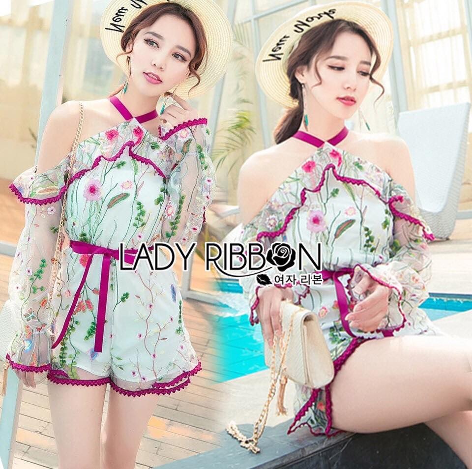 เสื้อผ้าเกาหลี พร้อมส่ง เพลย์สูทผ้าทูลเลปักลายดอกไม้