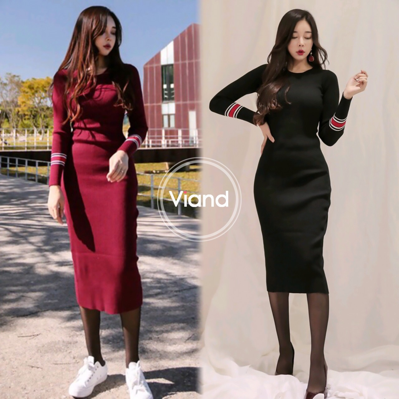 ชุดเดรสเกาหลี พร้อมส่ง เดรสตัวยาว เข้ารูป
