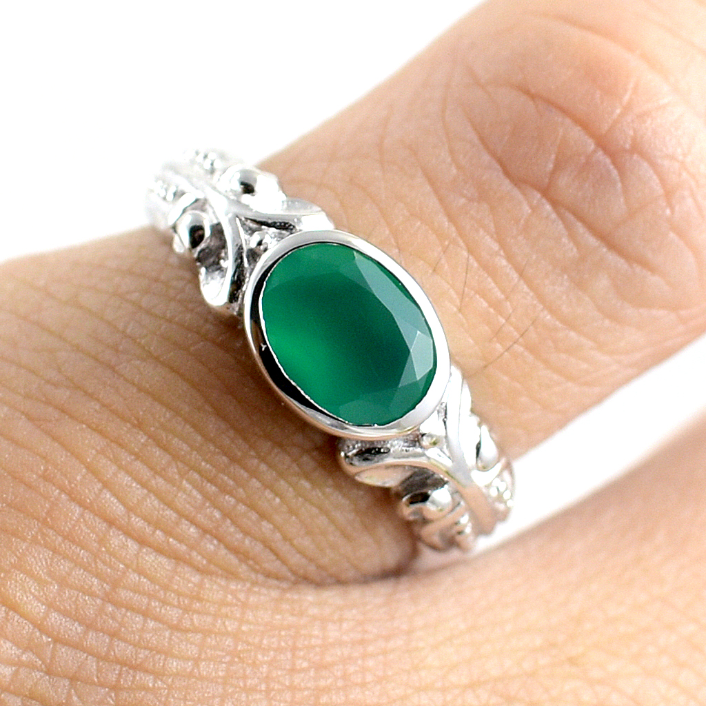 SKJewelryFactory แหวนพลอยเม็ดเดี่ยว แหวนเงินแท้ฝังพลอยกรีนอะเกทแท้ ER01305-GAG