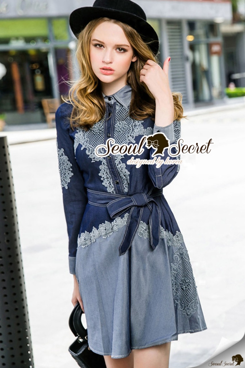 พร้อมส่ง เดรสเชิ้ตชายกระโปรงทรงบานชายโค้งสวย