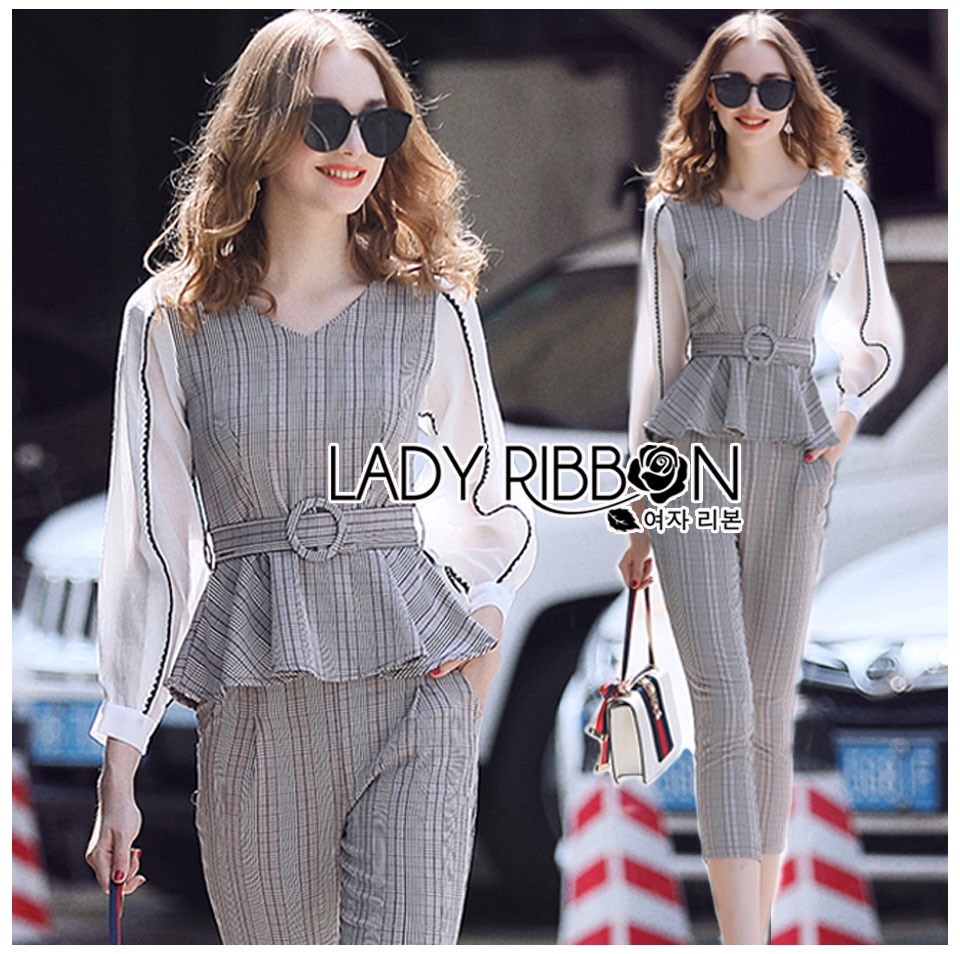 เสื้อผ้าเกาหลี พร้อมส่ง เสื้อแขนยาวและกางเกงทอลายสก็อต