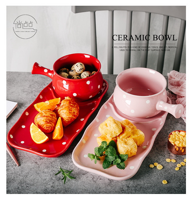 Pre-Order ชามทรงหม้อ ชามมาม่า ซุป ก๋วยเตี๋ยว พร้อมถาดรอง ใส่ขนมได้ ลายจุด Polka Dot น่ารักๆ มีให้เลือก 6 สี