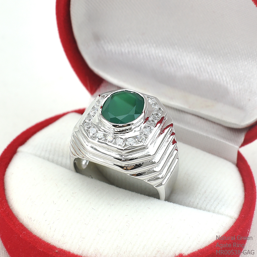 SKJewelryFactory แหวนชายล้อมเพชร พลอยกรีนอะเกทแท้ MR00538-GAG