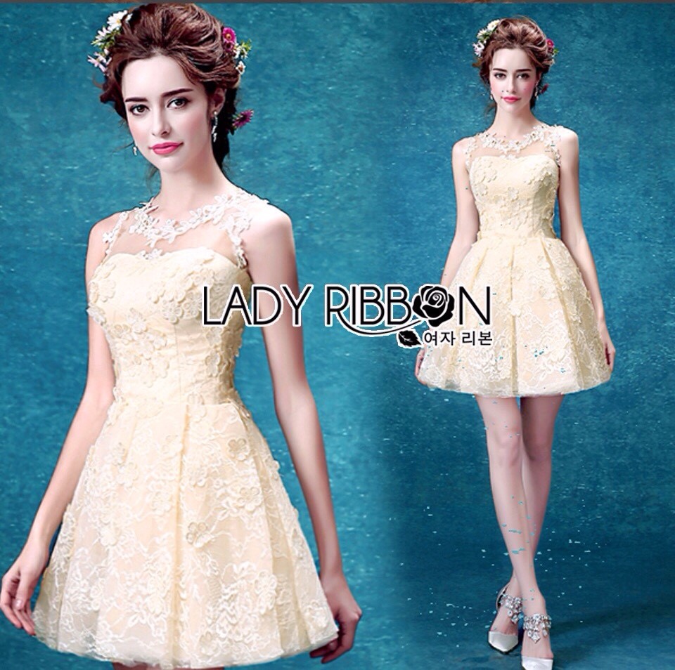 พร้อมส่ง เดรสผ้าลูกไม้โปร่งตกแต่งลายดอกไม้