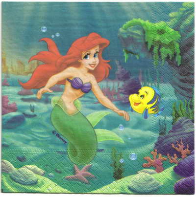 แนวภาพการ์ตูน Little Mermaid Disney เงือกน้อย Ariel เป็นภาพบล็อค 4 กระดาษแนพกิ้นสำหรับทำงาน เดคูพาจ Decoupage Paper Napkins ขนาด 33X33cm