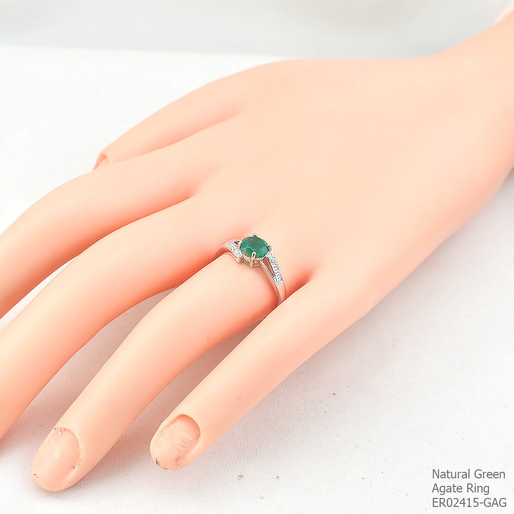 SKJewelryFactory แหวนพลอยกลม แหวนเงินแท้ 92.5% ฝังพลอยกรีนอะเกทแท้ ER02415-GAG