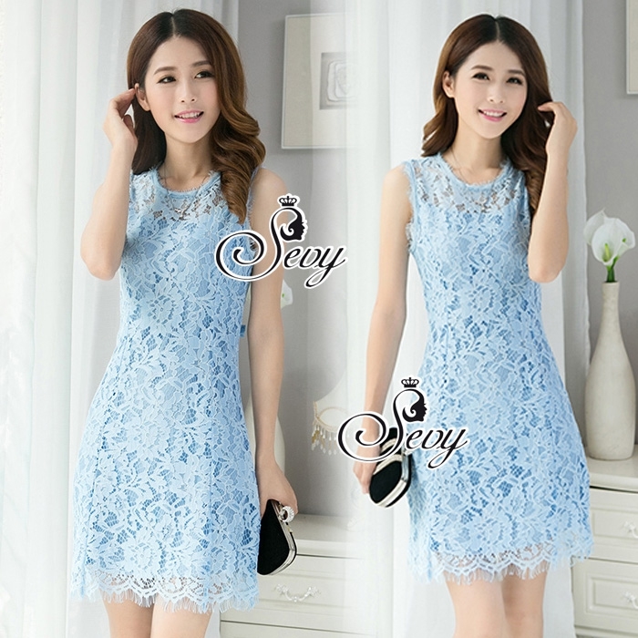 พร้อมส่ง เดรสสั้นแขนกุด ผ้าลูกไม้สีโทนฟ้า