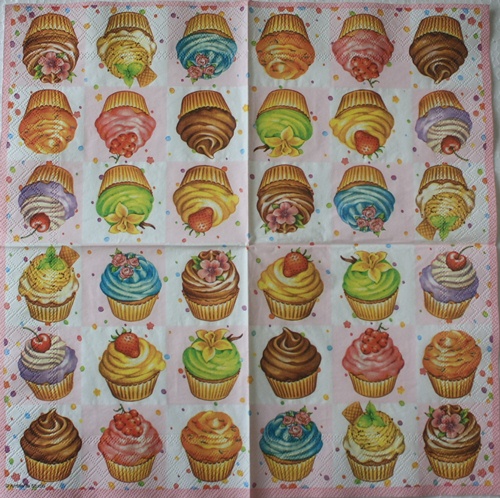 แนวภาพเค้ก คัพเค้กสีหวาน พื้นชมพู Cupcake เป็นภาพแนวยาว กระดาษแนพกิ้นสำหรับทำงาน เดคูพาจ Decoupage Paper Napkins ขนาด 33X33cm