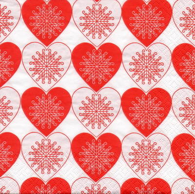 แนวภาพแนวภาพ Valentine หัวใจลายแต่ง ขาว แดง เกร็ดหิมะ เป็นภาพเต็มแผ่น กระดาษแนพกิ้น สำหรับทำงาน เดคูพาจ Decoupage Paper Napkins ขนาด 33X33cm