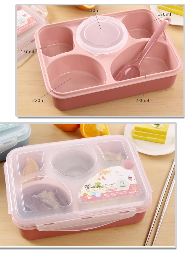 กล่องข้าว กล่องใส่อาหาร กล่องใส่อาหารพกพา และอุ่นในไมโครเวฟได้ กล่องข้าวแบบ 5 ช่อง มาพร้อมกระปุกใส่ซุปและช้อน