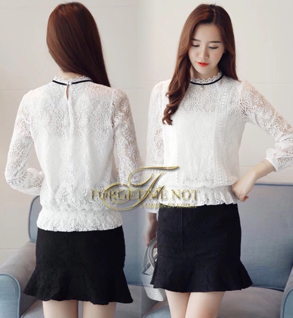 เสื้อเกาหลี พร้อมส่ง เสื้อลูกไม้ เอวจั๊ม