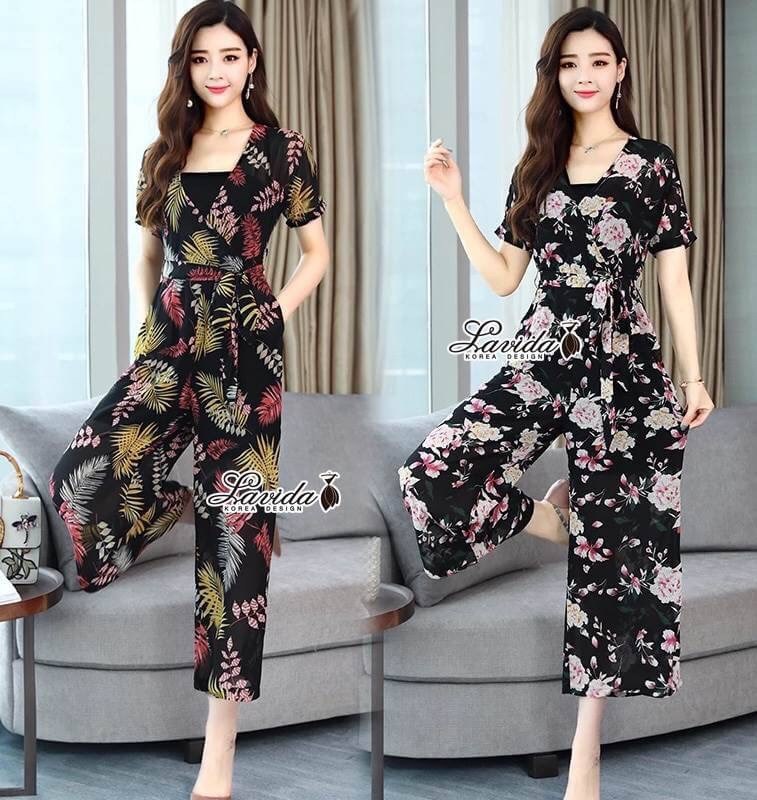 เสื้อผ้าเกาหลี พร้อมส่ง จั้มสูท ทรงคอvป้าย