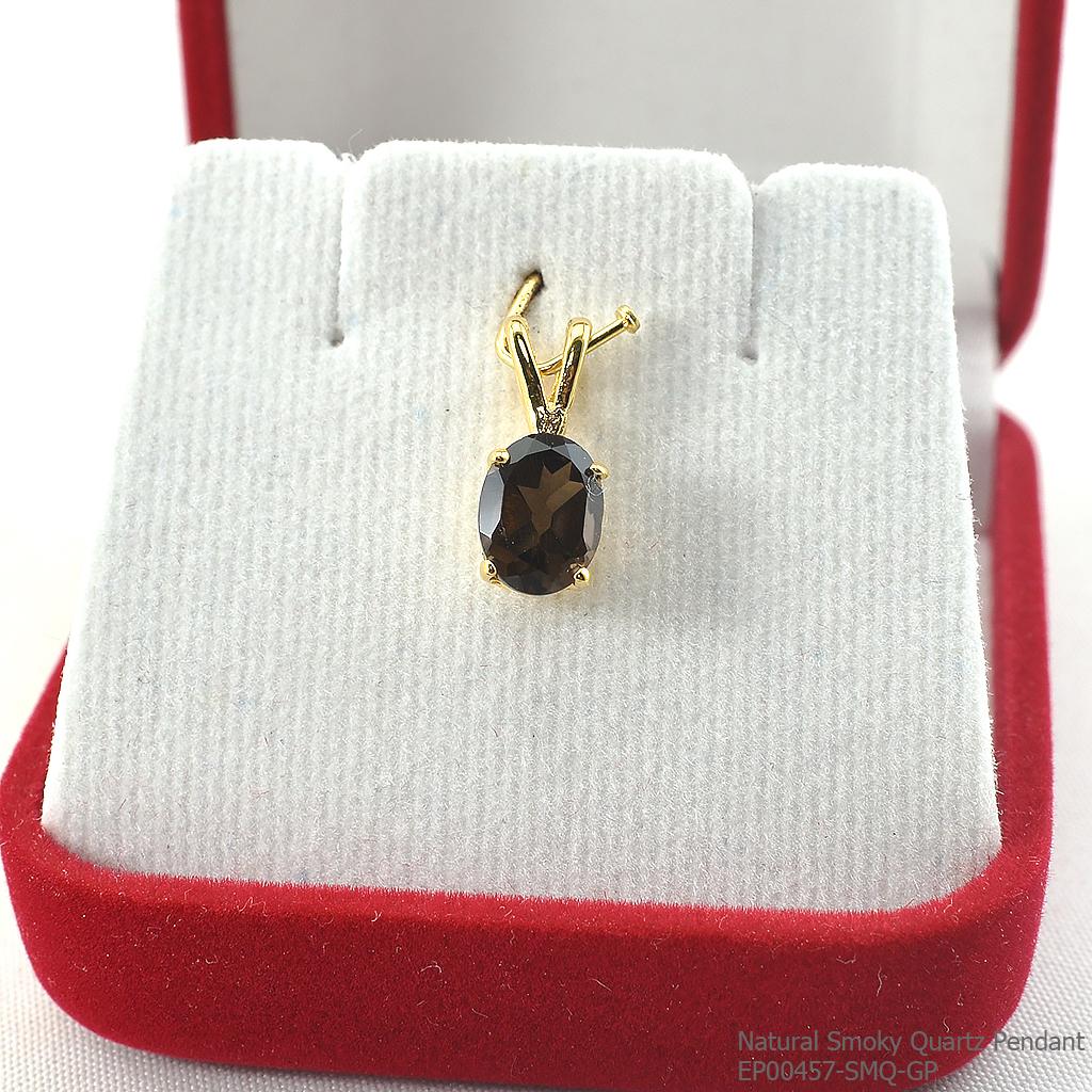 SKJewelryFactory EP00457-SMQ-GP จี้พลอยเงินแท้ พลอยสโมกกี้ควอทซ์แท้ ชบทอง 1 ไมครอน