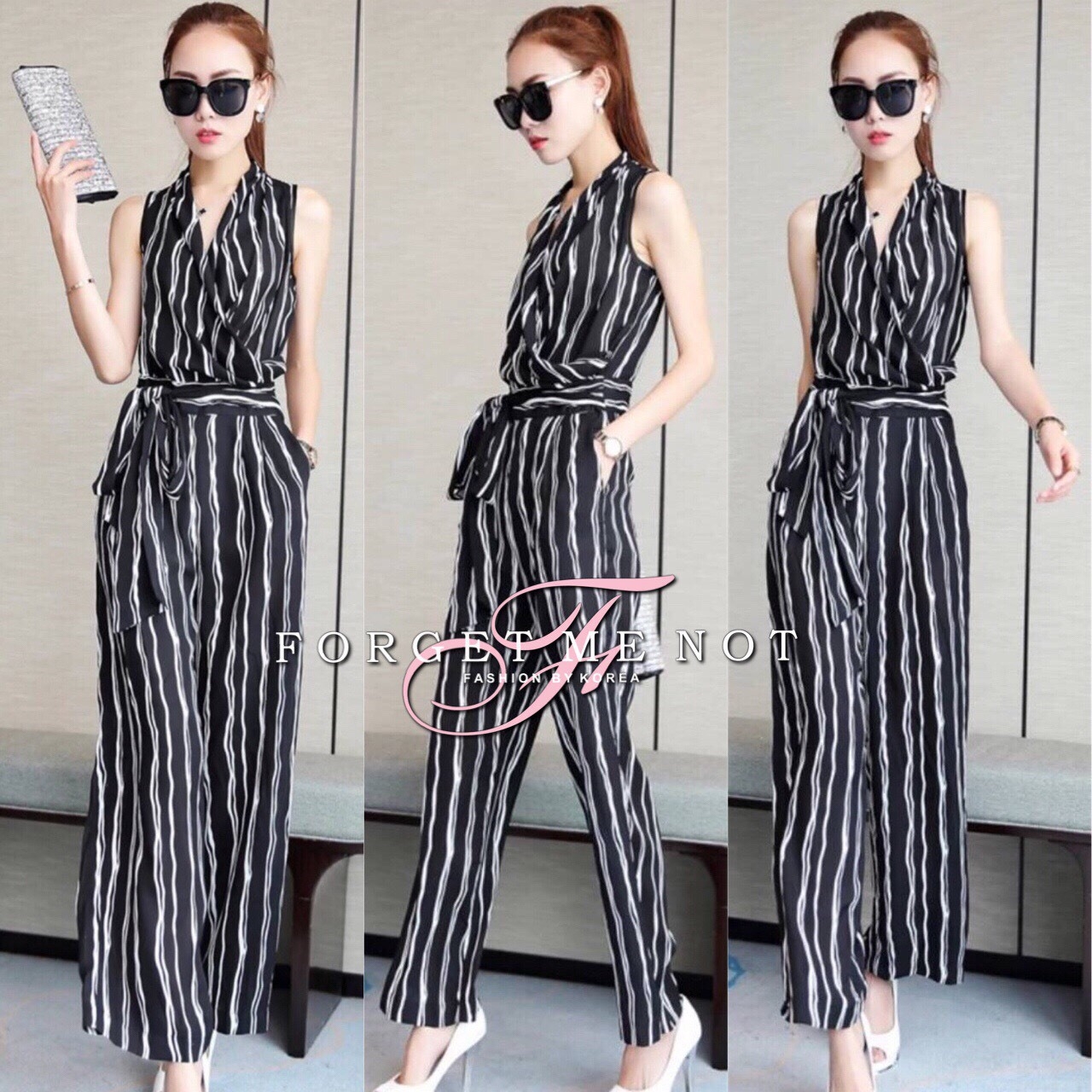 เสื้อผ้าเกาหลี พร้อมส่ง Jump Suit คอวี ทรงป้าย