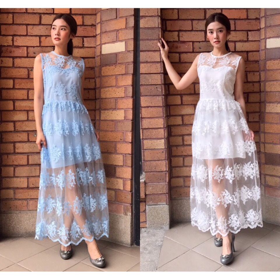 ชุดเดรสเกาหลี พร้อมส่ง Maxi dress เดรสลูกไม้ ผ้าแก้ว