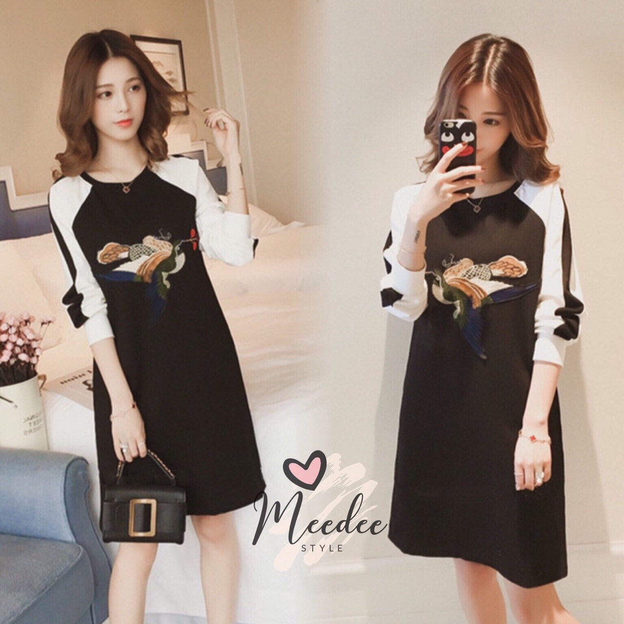 พร้อมส่ง เดรสเกาหลี ทรงปล่อย สีทูโทน