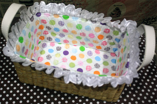 ชิ้นงานดิบ ผักตบชวา ทำ Decoupage งานเพนท์ ตระกร้าทรงผืนผ้าใหญ่หูหนัง บุผ้าวินเทจตีตาราง โทนสีหวานลายจุด