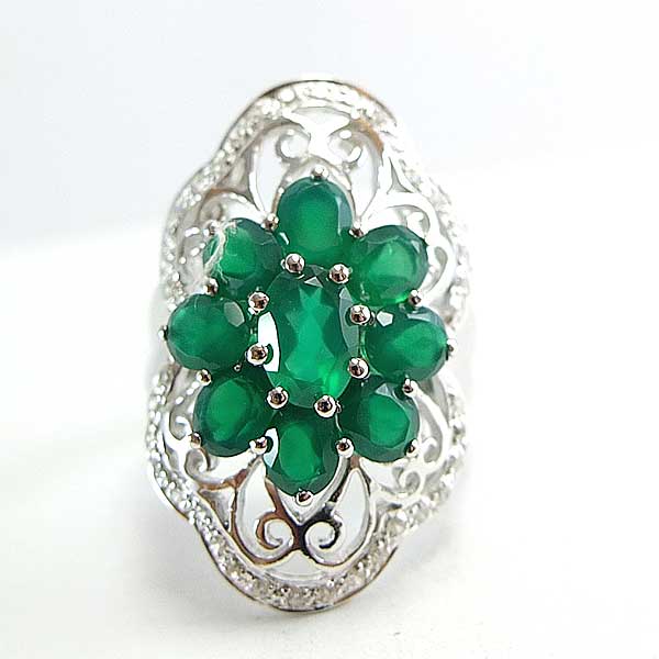 SKJewelryFactory แหวนที่เหมาะกับใส่นิ้วกลาง แหวนเงินแท้ 92.5% ฝังพลอยกรีนอะเกทแท้ แหวนดอกไม้ใหญ่ ER01134-GAG